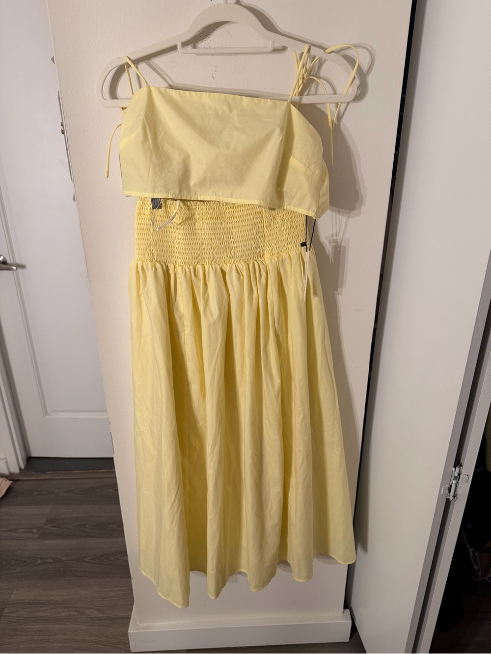 Commense Pale Yellow Maxi Dress with Smocked Waist and Tie Straps
